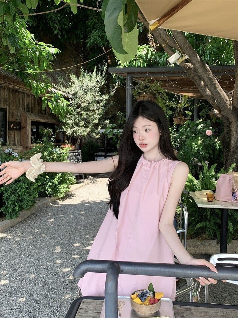있음 선적 연령 감소 디자인 센스 핑크색 레이스업 여성 드레스 여름 새로운 단색 꽃밭 치마 미니 스커트 트렌디 상세 이미지 8