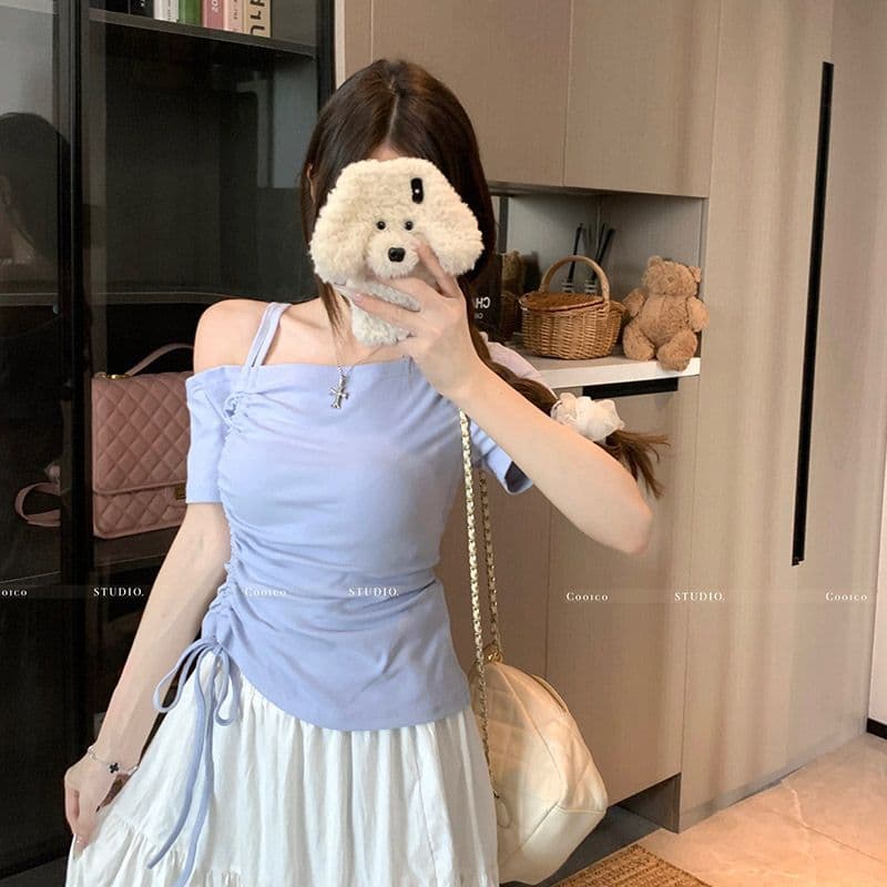 높음 폭탄 리브 디자인 센스 비스듬한 칼라 오프숄더 펌프 로프 맨위 여성 여름 작은 대중 Chic 허리 수축 슬림해 보이는 티셔츠 이미지 2