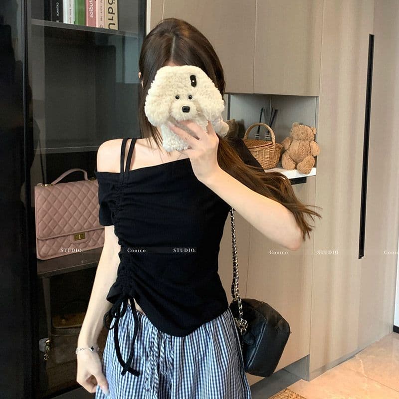 높음 폭탄 리브 디자인 센스 비스듬한 칼라 오프숄더 펌프 로프 맨위 여성 여름 작은 대중 Chic 허리 수축 슬림해 보이는 티셔츠 이미지 4