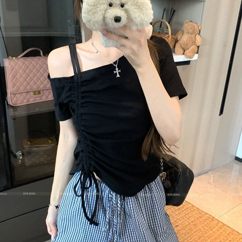 높음 폭탄 리브 디자인 센스 비스듬한 칼라 오프숄더 펌프 로프 맨위 여성 여름 작은 대중 Chic 허리 수축 슬림해 보이는 티셔츠 이미지 5