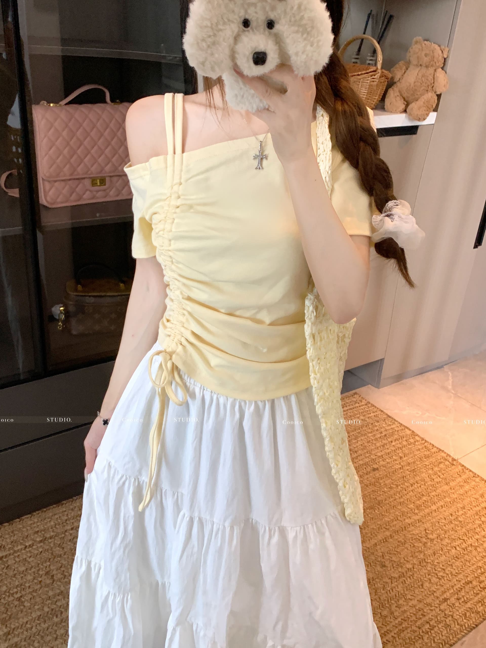 높음 폭탄 리브 디자인 센스 비스듬한 칼라 오프숄더 펌프 로프 맨위 여성 여름 작은 대중 Chic 허리 수축 슬림해 보이는 티셔츠 상세 이미지 4