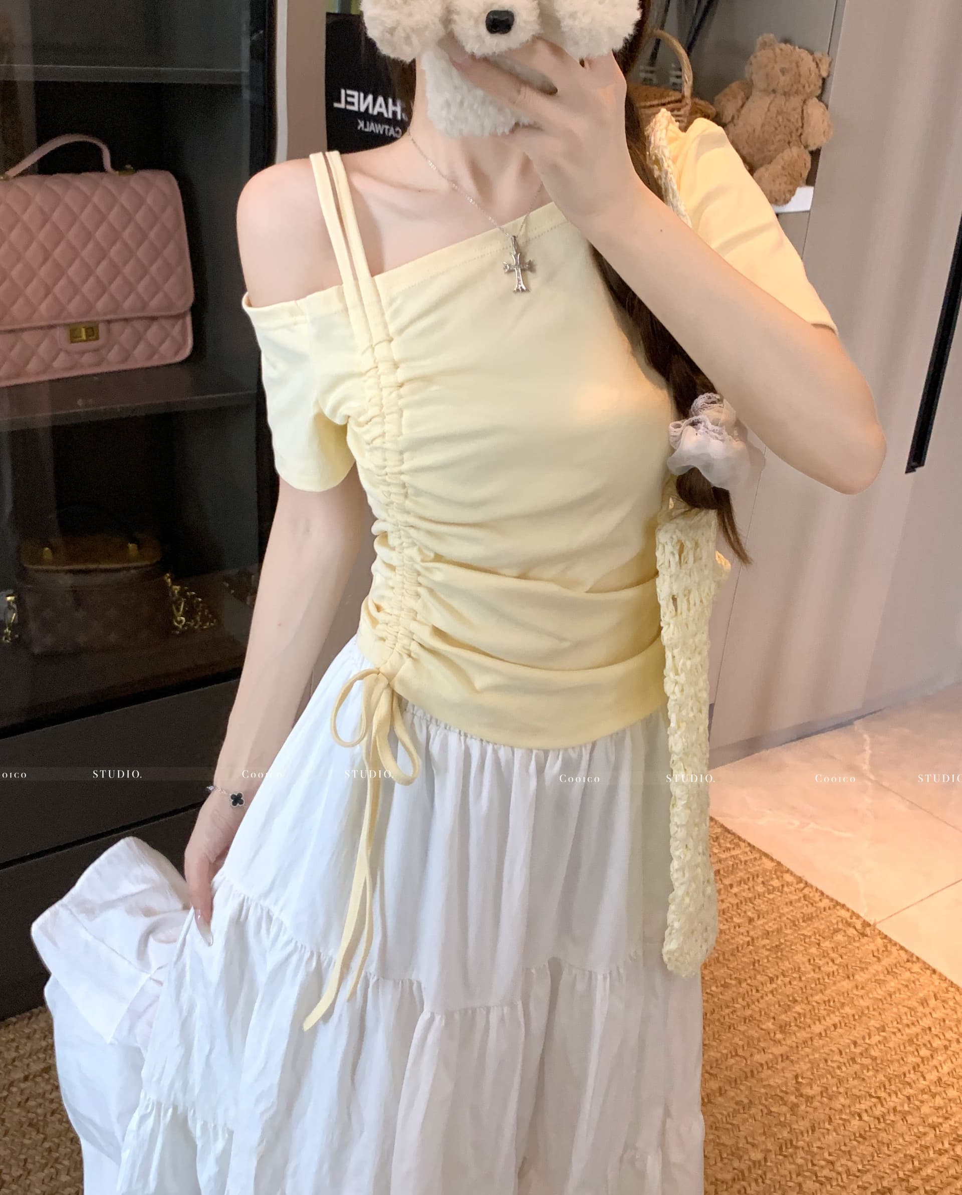 높음 폭탄 리브 디자인 센스 비스듬한 칼라 오프숄더 펌프 로프 맨위 여성 여름 작은 대중 Chic 허리 수축 슬림해 보이는 티셔츠 상세 이미지 6