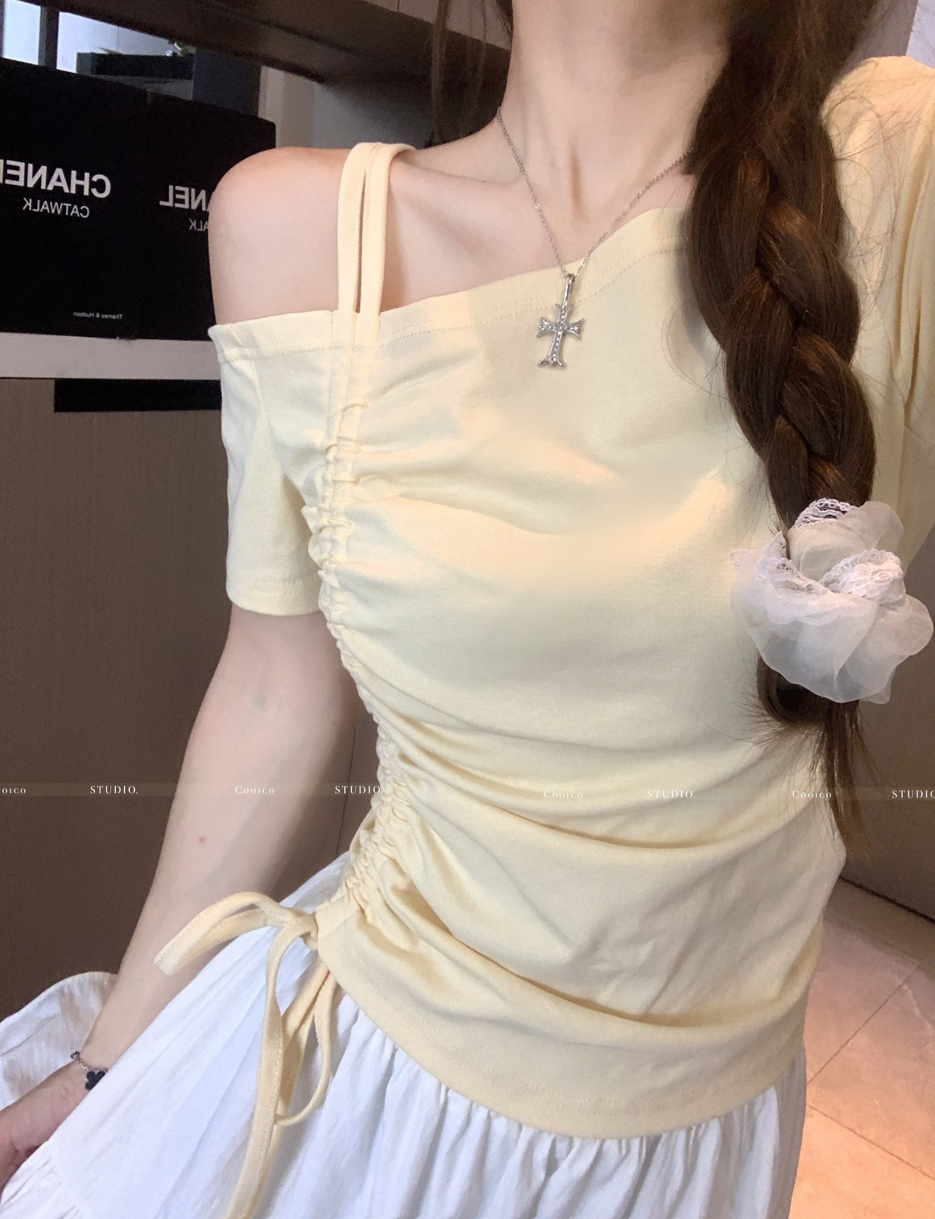 높음 폭탄 리브 디자인 센스 비스듬한 칼라 오프숄더 펌프 로프 맨위 여성 여름 작은 대중 Chic 허리 수축 슬림해 보이는 티셔츠 상세 이미지 7