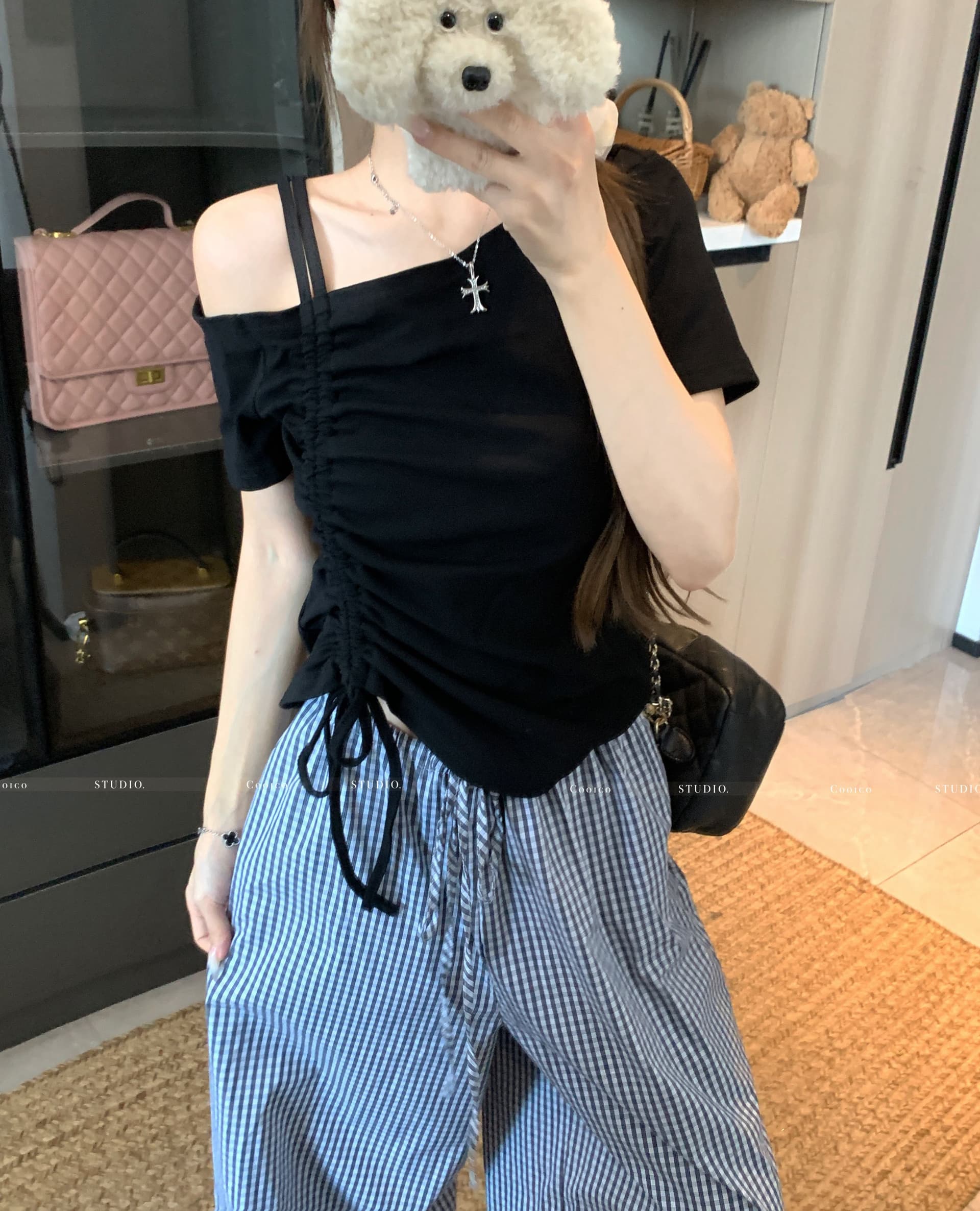 높음 폭탄 리브 디자인 센스 비스듬한 칼라 오프숄더 펌프 로프 맨위 여성 여름 작은 대중 Chic 허리 수축 슬림해 보이는 티셔츠 상세 이미지 10