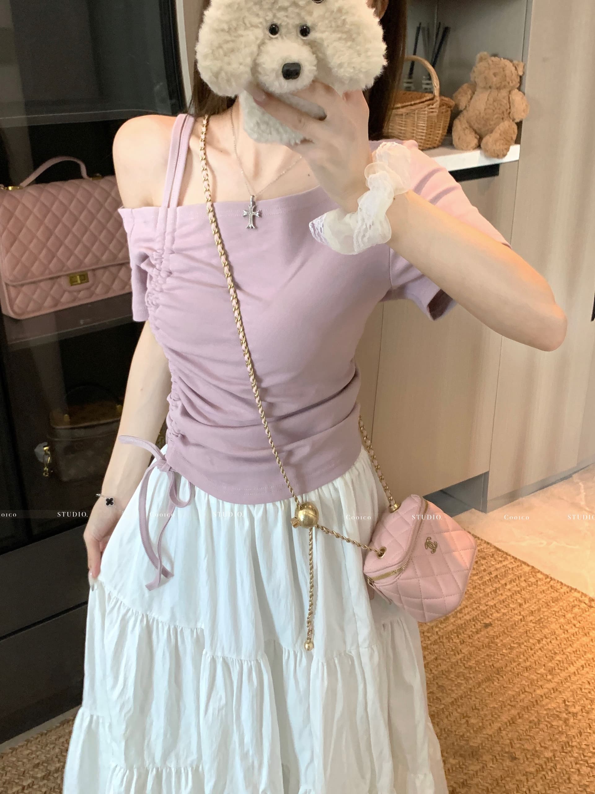 높음 폭탄 리브 디자인 센스 비스듬한 칼라 오프숄더 펌프 로프 맨위 여성 여름 작은 대중 Chic 허리 수축 슬림해 보이는 티셔츠 상세 이미지 18