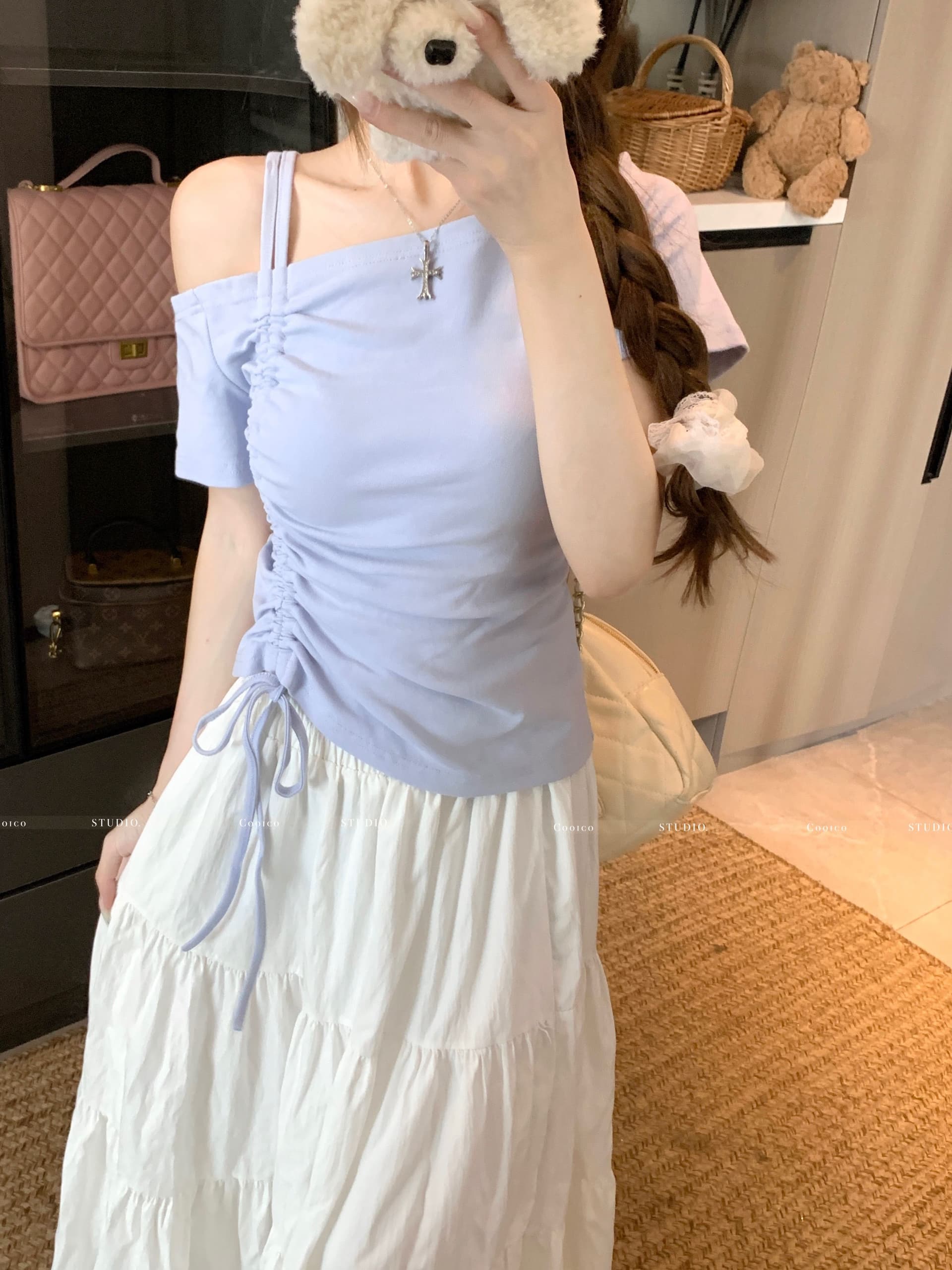 높음 폭탄 리브 디자인 센스 비스듬한 칼라 오프숄더 펌프 로프 맨위 여성 여름 작은 대중 Chic 허리 수축 슬림해 보이는 티셔츠 상세 이미지 19