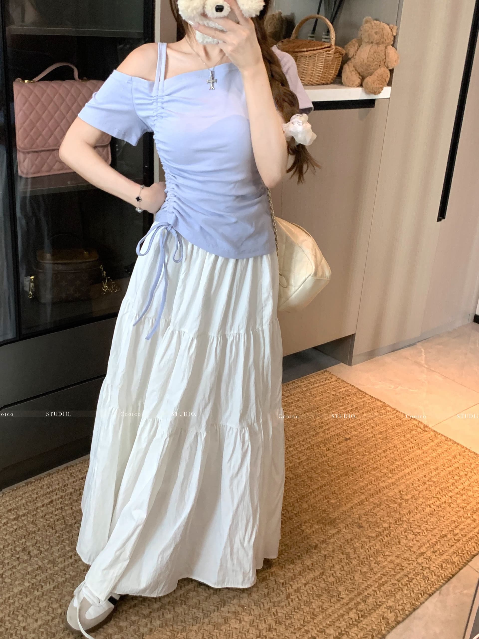 높음 폭탄 리브 디자인 센스 비스듬한 칼라 오프숄더 펌프 로프 맨위 여성 여름 작은 대중 Chic 허리 수축 슬림해 보이는 티셔츠 상세 이미지 20