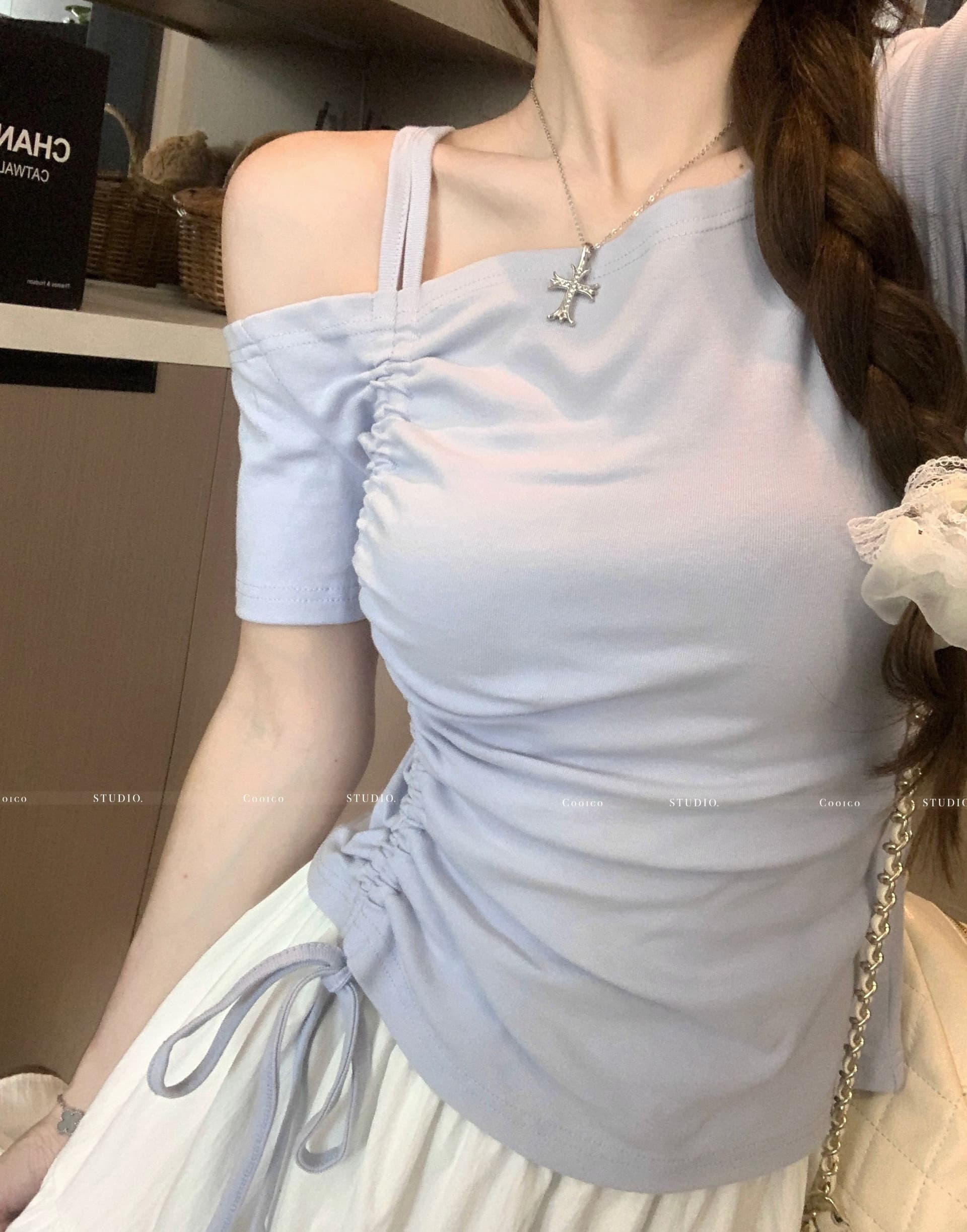 높음 폭탄 리브 디자인 센스 비스듬한 칼라 오프숄더 펌프 로프 맨위 여성 여름 작은 대중 Chic 허리 수축 슬림해 보이는 티셔츠 상세 이미지 25