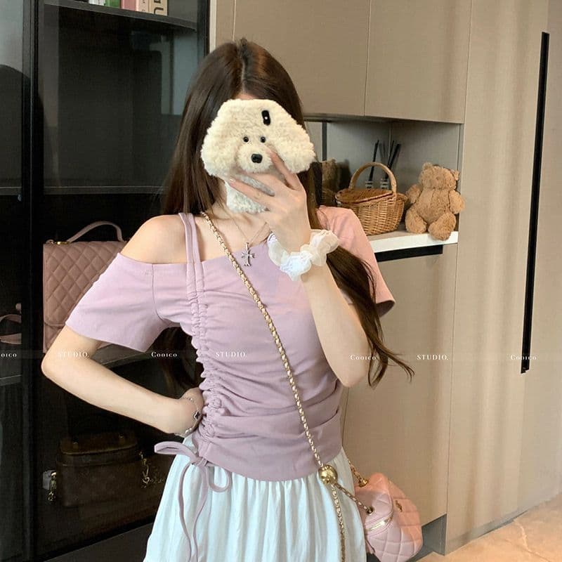 높음 폭탄 리브 디자인 센스 비스듬한 칼라 오프숄더 펌프 로프 맨위 여성 여름 작은 대중 Chic 허리 수축 슬림해 보이는 티셔츠 상세 이미지 28