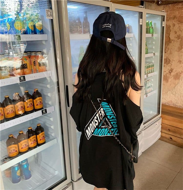 있음 선적 반팔 티셔츠 여성 루즈핏 인터넷 유명인 이상한 작은 대중 디자인 센스 오프숄더 쇄골 맨위 트렌디 상세 이미지 9