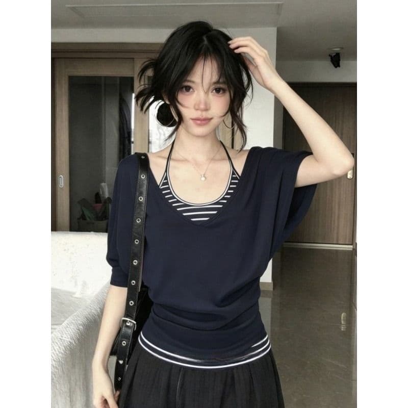 와 사고 방식 한 부서 중간 소매 티셔츠 블라우스 여성 여름 행침 목 스트라이프 조끼 몸매 가꾸기 슬림해 보이는 맨위 투피스 세트