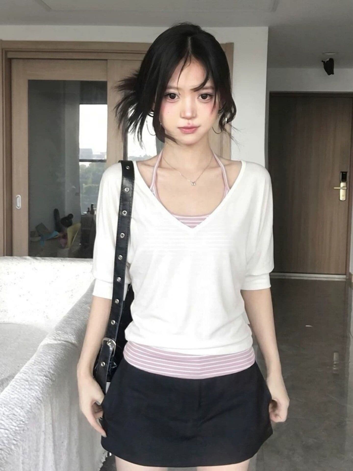 와 사고 방식 한 부서 중간 소매 티셔츠 블라우스 여성 여름 행침 목 스트라이프 조끼 몸매 가꾸기 슬림해 보이는 맨위 투피스 세트 상세 이미지 2
