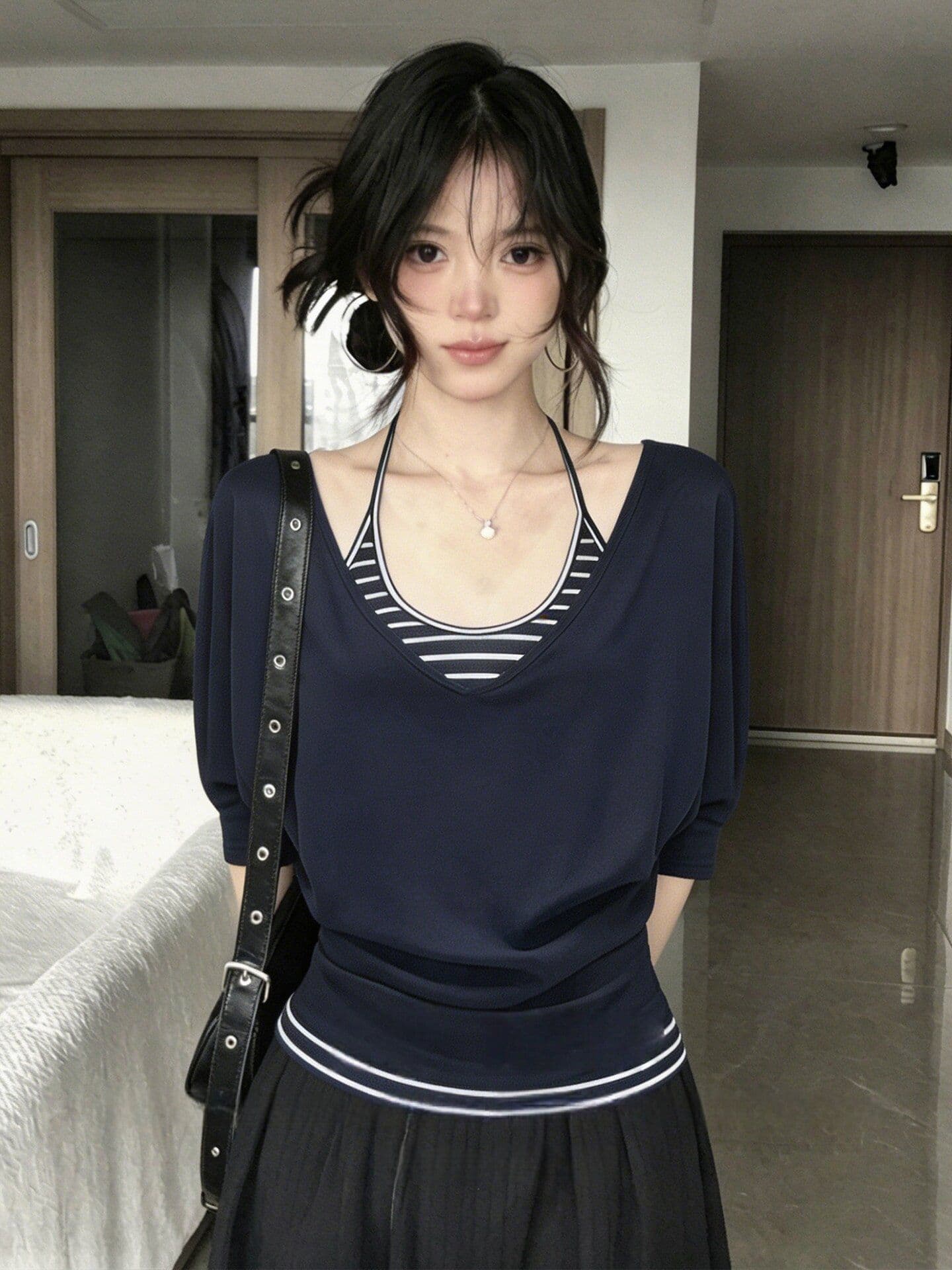 와 사고 방식 한 부서 중간 소매 티셔츠 블라우스 여성 여름 행침 목 스트라이프 조끼 몸매 가꾸기 슬림해 보이는 맨위 투피스 세트 상세 이미지 3