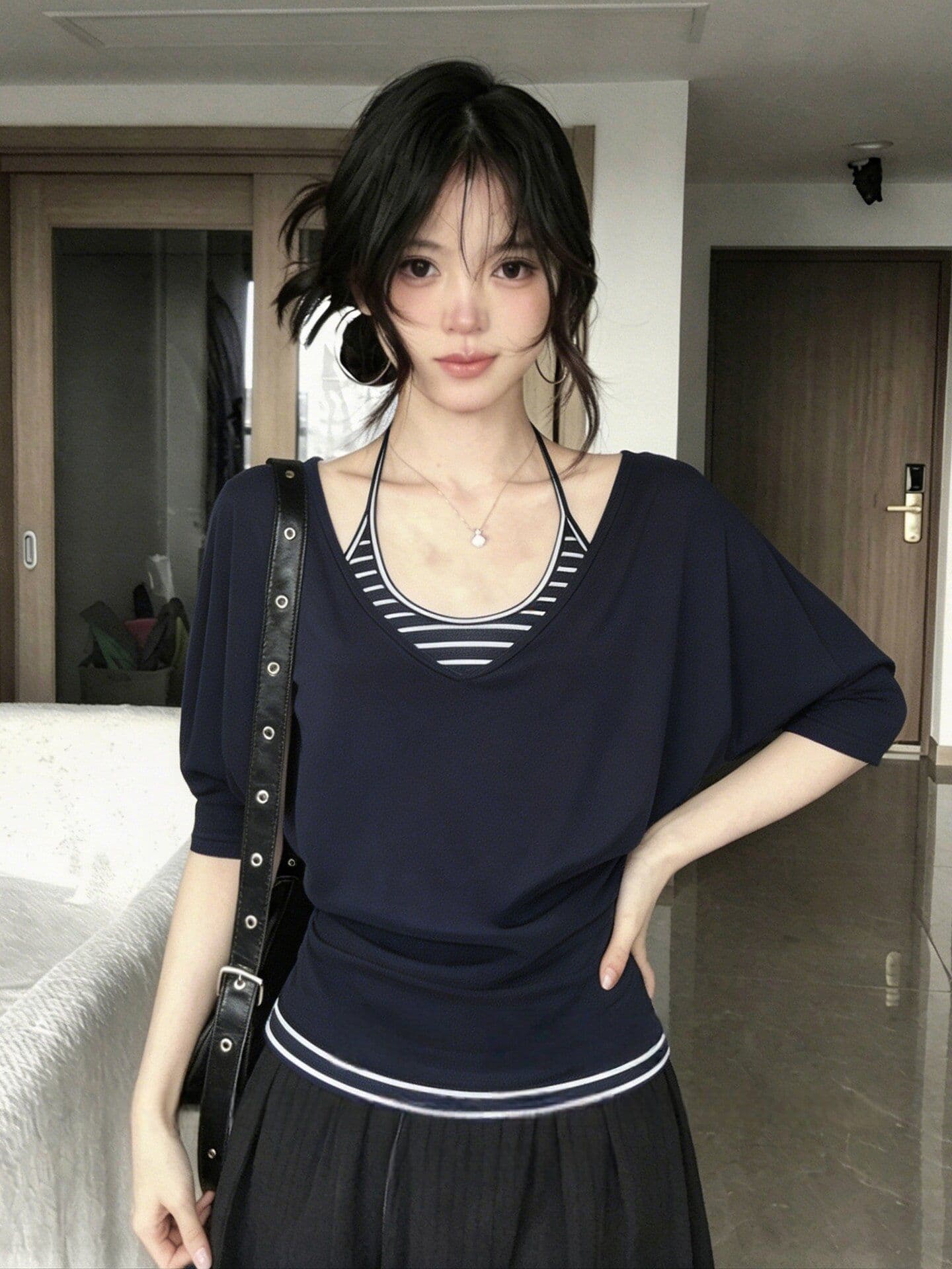 와 사고 방식 한 부서 중간 소매 티셔츠 블라우스 여성 여름 행침 목 스트라이프 조끼 몸매 가꾸기 슬림해 보이는 맨위 투피스 세트 상세 이미지 4