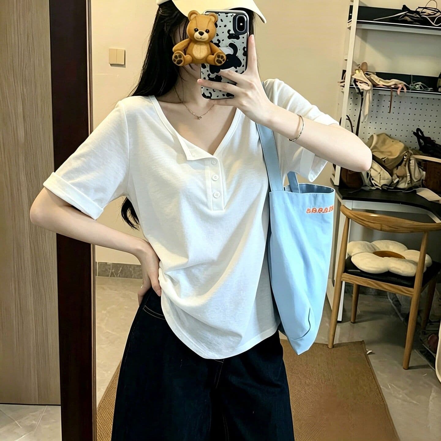 원본 눈꽃 면 반 개방 칼라 단색 반팔 티셔츠 여성 여름 한국 스타일 루즈핏 느긋한 느슨함 반소매 맨위 이미지 4
