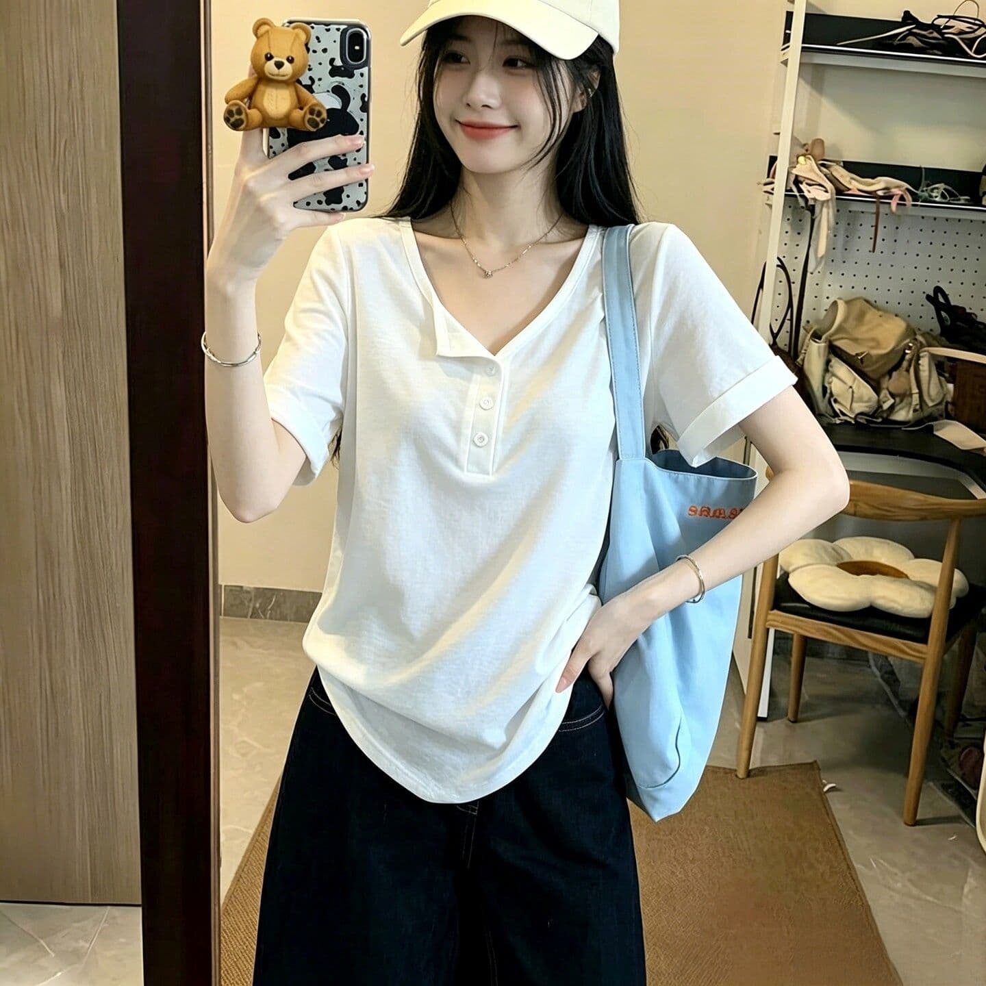 원본 눈꽃 면 반 개방 칼라 단색 반팔 티셔츠 여성 여름 한국 스타일 루즈핏 느긋한 느슨함 반소매 맨위 이미지 3