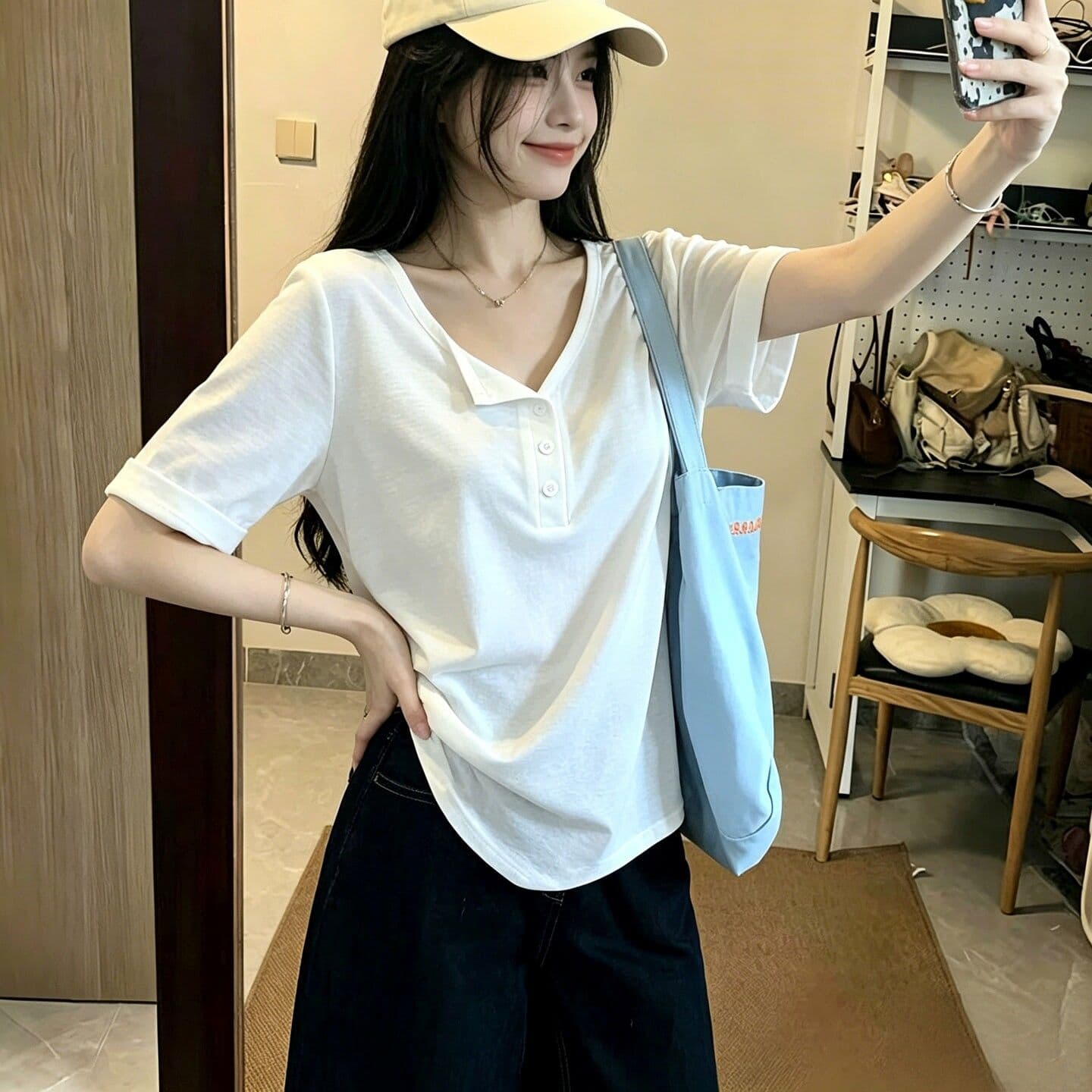 원본 눈꽃 면 반 개방 칼라 단색 반팔 티셔츠 여성 여름 한국 스타일 루즈핏 느긋한 느슨함 반소매 맨위 상세 이미지 5