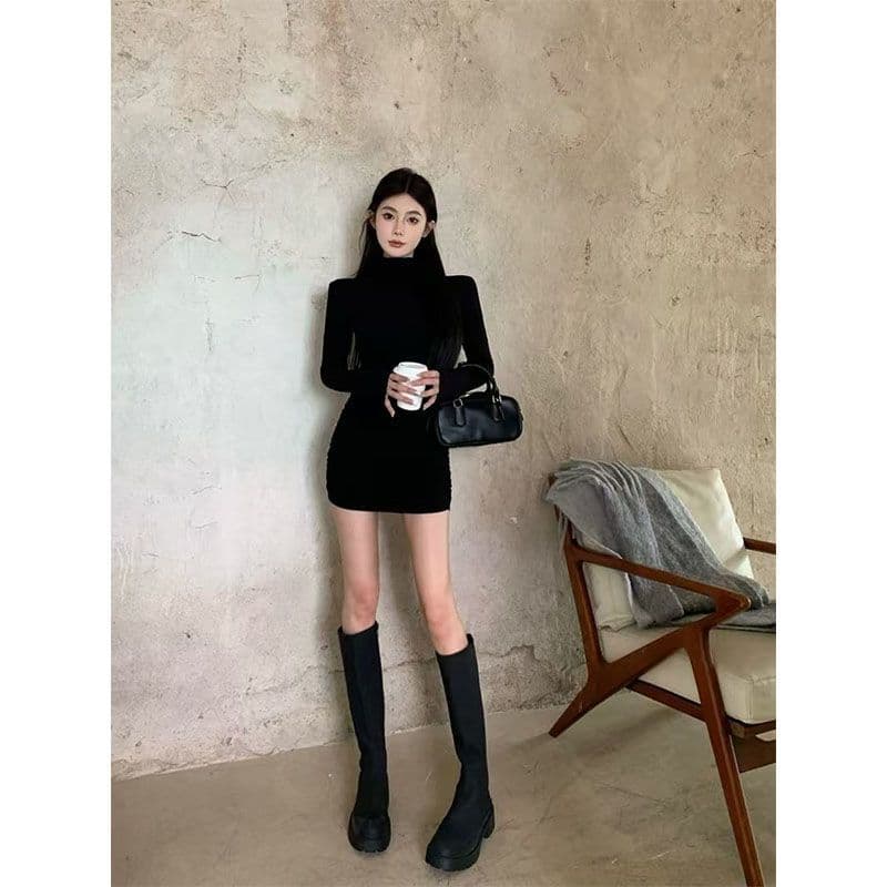 작은 대중 반하이넥 긴팔 여성 드레스 가을 겨울철 순수한 욕망 몸매 가꾸기 슬림해 보이는 기본 스커트 허리 수축 타이트 스커트 짧은 치마 상세 이미지 2