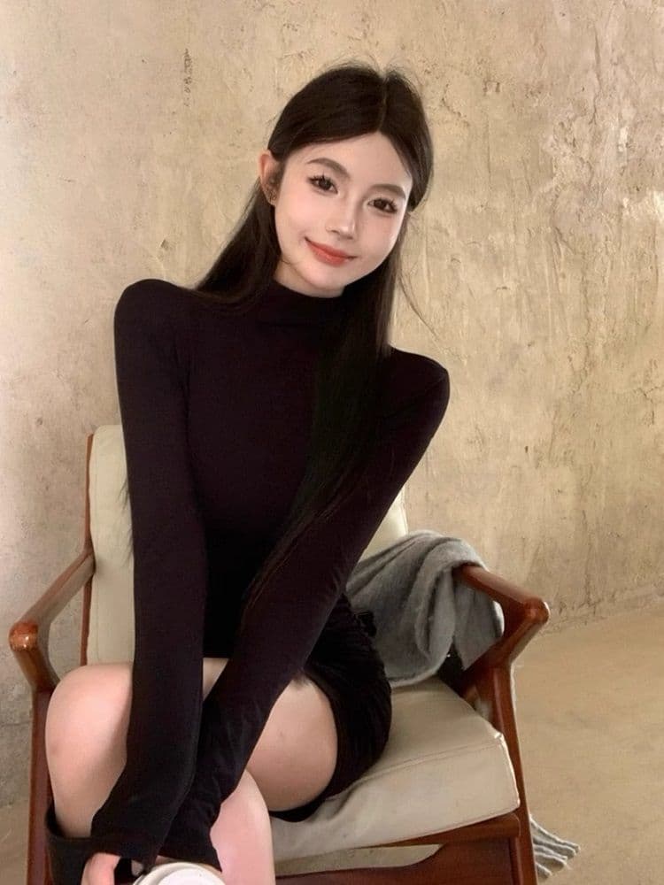작은 대중 반하이넥 긴팔 여성 드레스 가을 겨울철 순수한 욕망 몸매 가꾸기 슬림해 보이는 기본 스커트 허리 수축 타이트 스커트 짧은 치마 상세 이미지 6