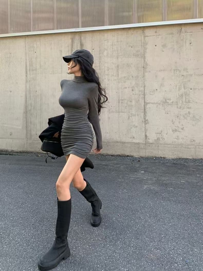 작은 대중 반하이넥 긴팔 여성 드레스 가을 겨울철 순수한 욕망 몸매 가꾸기 슬림해 보이는 기본 스커트 허리 수축 타이트 스커트 짧은 치마 상세 이미지 7