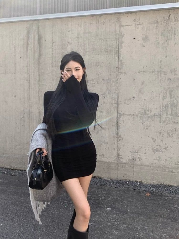 작은 대중 반하이넥 긴팔 여성 드레스 가을 겨울철 순수한 욕망 몸매 가꾸기 슬림해 보이는 기본 스커트 허리 수축 타이트 스커트 짧은 치마 상세 이미지 8