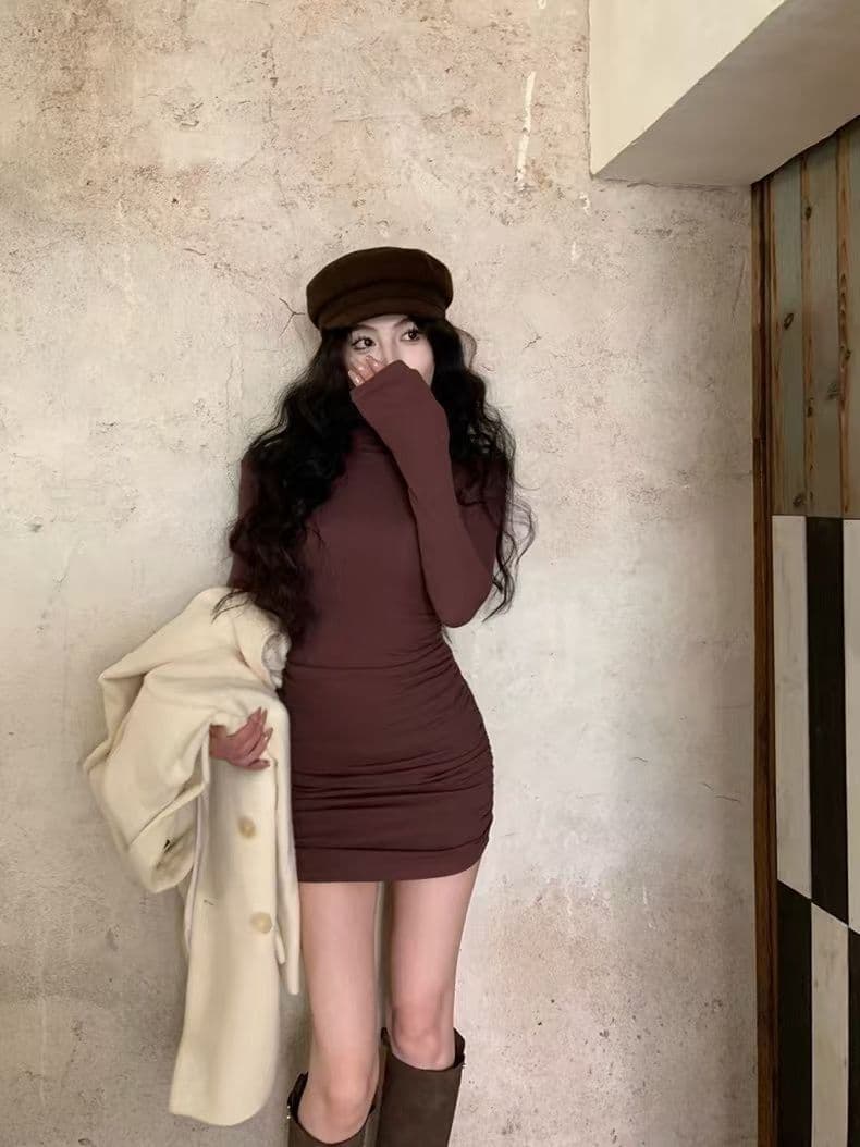 작은 대중 반하이넥 긴팔 여성 드레스 가을 겨울철 순수한 욕망 몸매 가꾸기 슬림해 보이는 기본 스커트 허리 수축 타이트 스커트 짧은 치마 상세 이미지 11