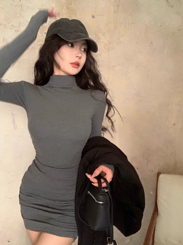 작은 대중 반하이넥 긴팔 여성 드레스 가을 겨울철 순수한 욕망 몸매 가꾸기 슬림해 보이는 기본 스커트 허리 수축 타이트 스커트 짧은 치마 상세 이미지 12