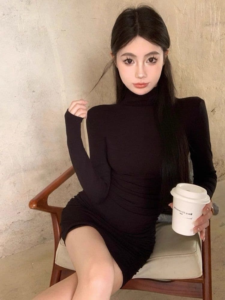 작은 대중 반하이넥 긴팔 여성 드레스 가을 겨울철 순수한 욕망 몸매 가꾸기 슬림해 보이는 기본 스커트 허리 수축 타이트 스커트 짧은 치마 상세 이미지 13