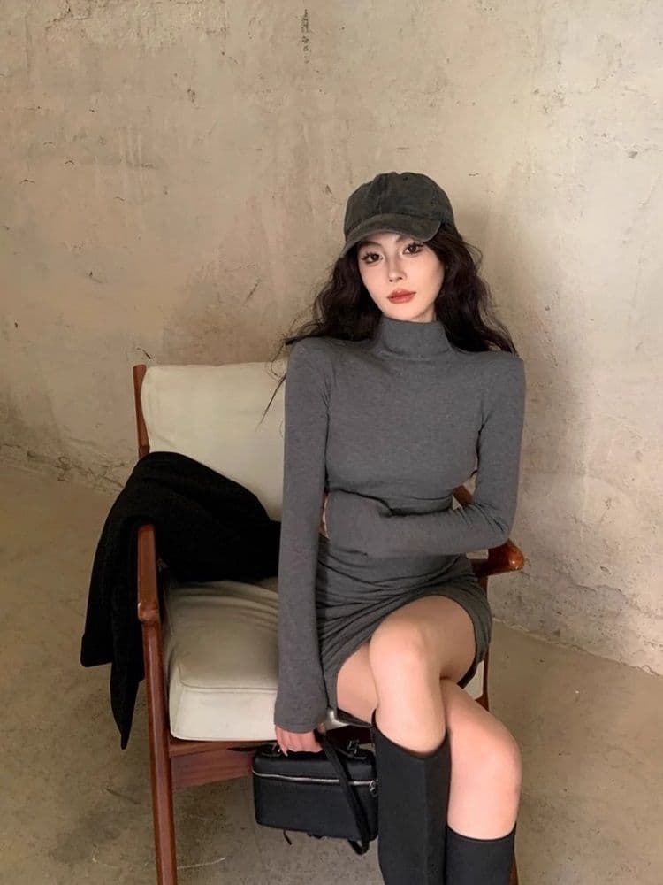 작은 대중 반하이넥 긴팔 여성 드레스 가을 겨울철 순수한 욕망 몸매 가꾸기 슬림해 보이는 기본 스커트 허리 수축 타이트 스커트 짧은 치마 상세 이미지 14