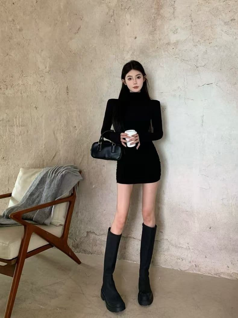 작은 대중 반하이넥 긴팔 여성 드레스 가을 겨울철 순수한 욕망 몸매 가꾸기 슬림해 보이는 기본 스커트 허리 수축 타이트 스커트 짧은 치마 상세 이미지 15