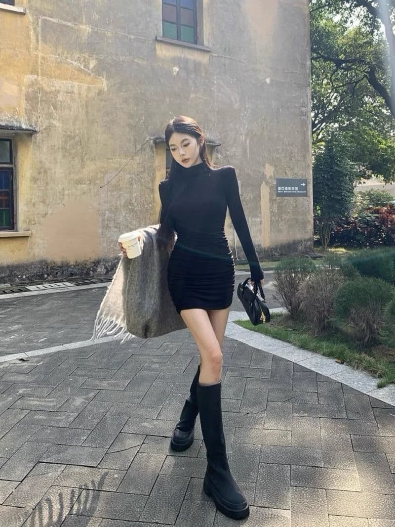 작은 대중 반하이넥 긴팔 여성 드레스 가을 겨울철 순수한 욕망 몸매 가꾸기 슬림해 보이는 기본 스커트 허리 수축 타이트 스커트 짧은 치마 상세 이미지 16