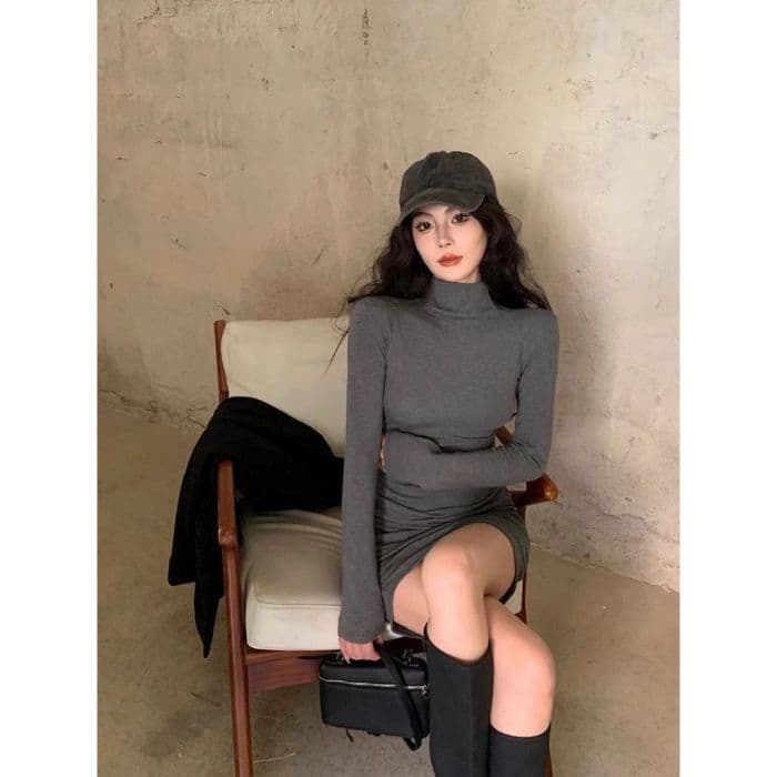 작은 대중 반하이넥 긴팔 여성 드레스 가을 겨울철 순수한 욕망 몸매 가꾸기 슬림해 보이는 기본 스커트 허리 수축 타이트 스커트 짧은 치마 상세 이미지 19