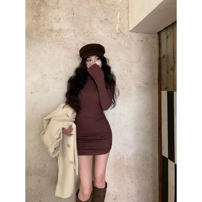 작은 대중 반하이넥 긴팔 여성 드레스 가을 겨울철 순수한 욕망 몸매 가꾸기 슬림해 보이는 기본 스커트 허리 수축 타이트 스커트 짧은 치마 상세 이미지 20