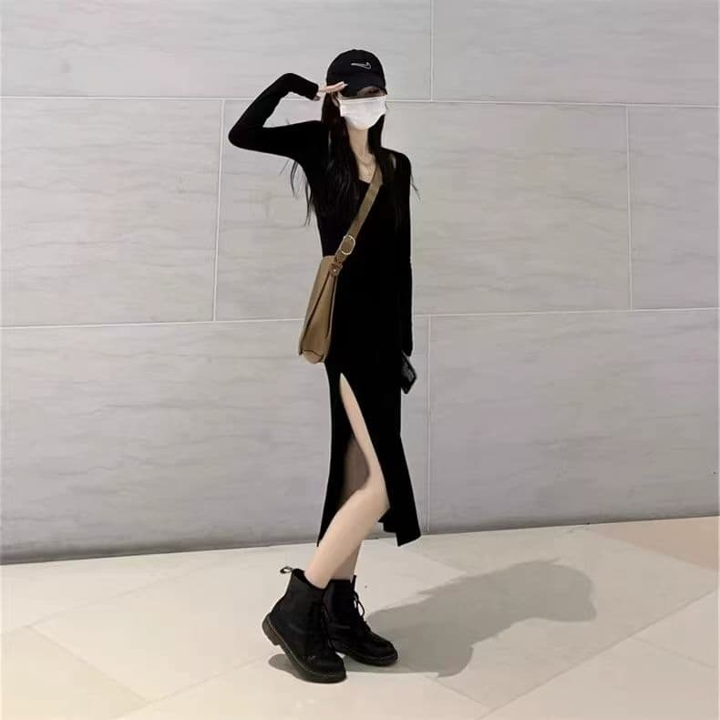 가을 의상 여성 2026 년 새로운 허리 수축 트임 타이트 스커트 롱 스커트 프랑스식 그는 벤 바람 검정색 광장 칼라 드레스 가을 겨울 상세 이미지 6