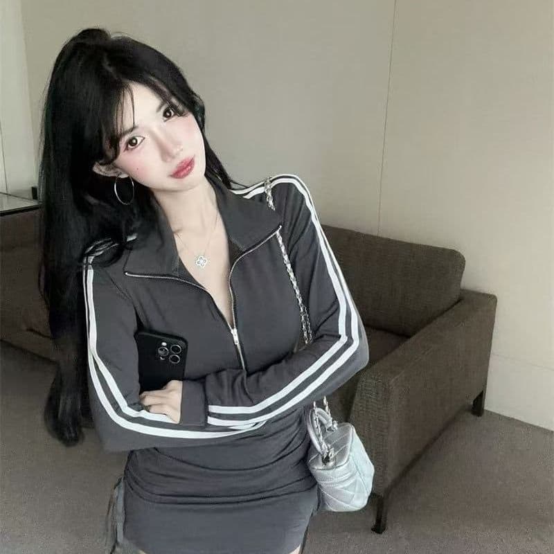 항구 바람 고급 작은 대중 POLO 칼라 지퍼 긴팔 여성 드레스 운동 바람 핫걸 주름 몸매 가꾸기 타이트 스커트 이미지 3