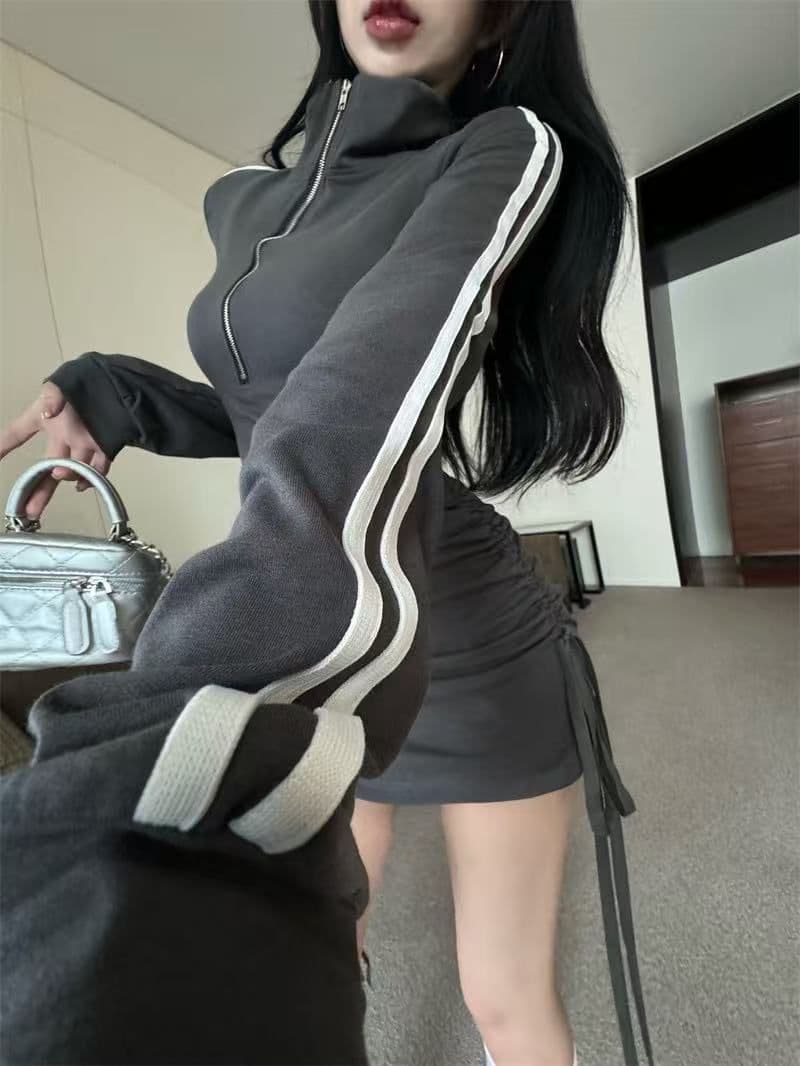 항구 바람 고급 작은 대중 POLO 칼라 지퍼 긴팔 여성 드레스 운동 바람 핫걸 주름 몸매 가꾸기 타이트 스커트 상세 이미지 6