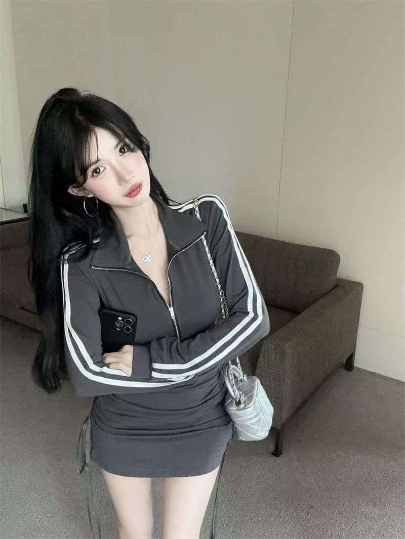 항구 바람 고급 작은 대중 POLO 칼라 지퍼 긴팔 여성 드레스 운동 바람 핫걸 주름 몸매 가꾸기 타이트 스커트 상세 이미지 8