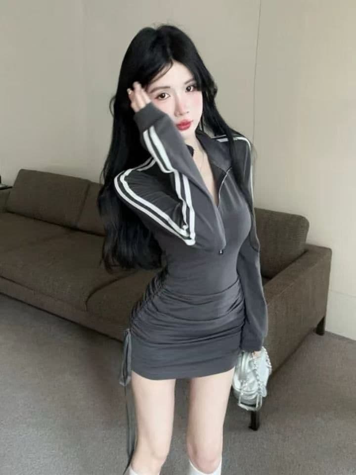 항구 바람 고급 작은 대중 POLO 칼라 지퍼 긴팔 여성 드레스 운동 바람 핫걸 주름 몸매 가꾸기 타이트 스커트 상세 이미지 11