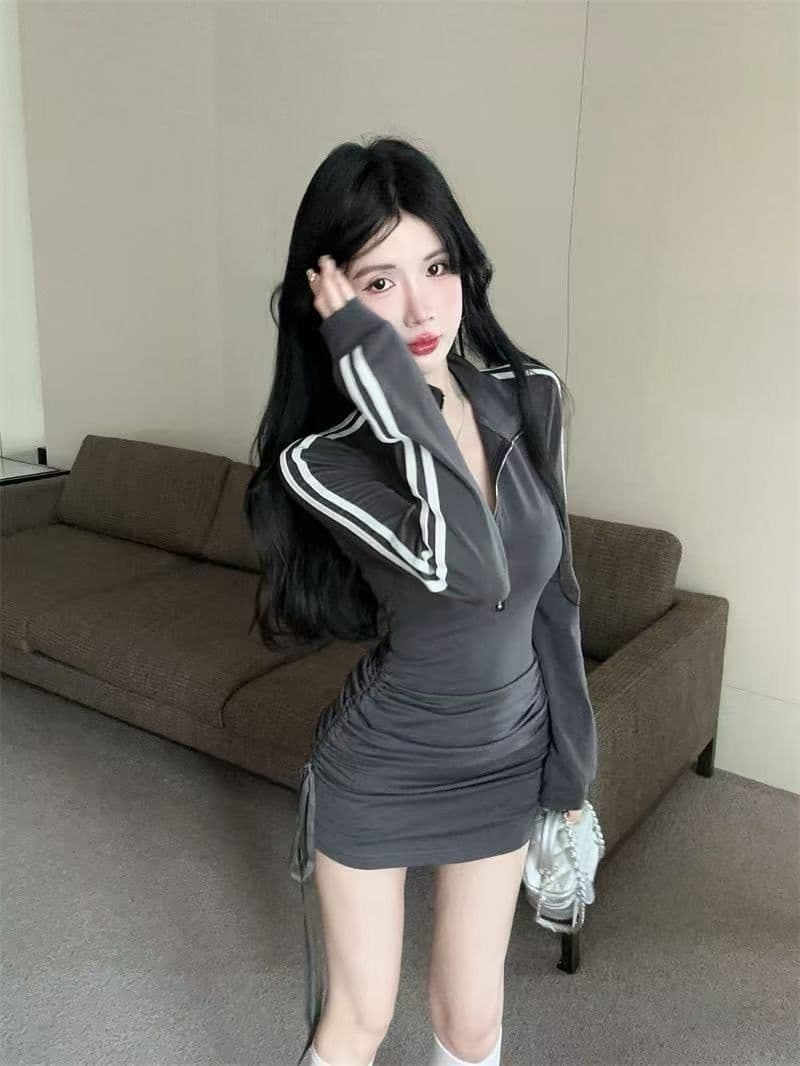 항구 바람 고급 작은 대중 POLO 칼라 지퍼 긴팔 여성 드레스 운동 바람 핫걸 주름 몸매 가꾸기 타이트 스커트 상세 이미지 13