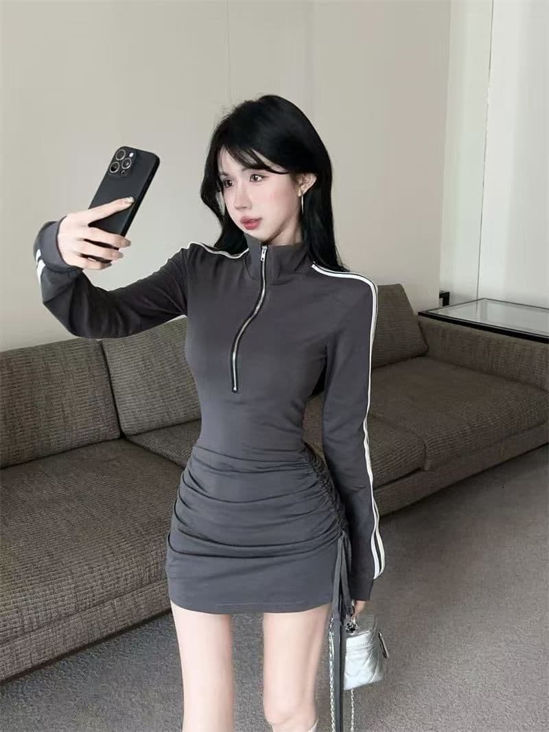항구 바람 고급 작은 대중 POLO 칼라 지퍼 긴팔 여성 드레스 운동 바람 핫걸 주름 몸매 가꾸기 타이트 스커트 상세 이미지 14