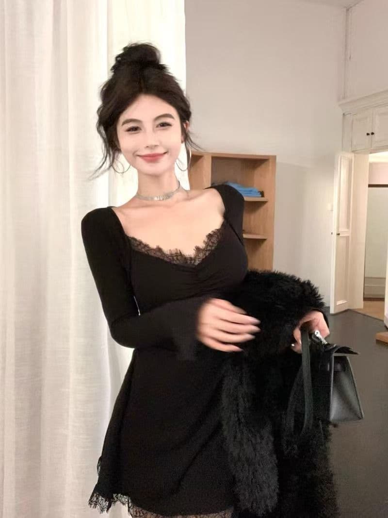 2026 패치워크 V넥 검정색 순수한 욕망 주름 섹시함 쇼트 스타일 레이스 레이스 핫걸 허리 수축 몸매 가꾸기 슬림해 보이는 레이스 상세 이미지 20