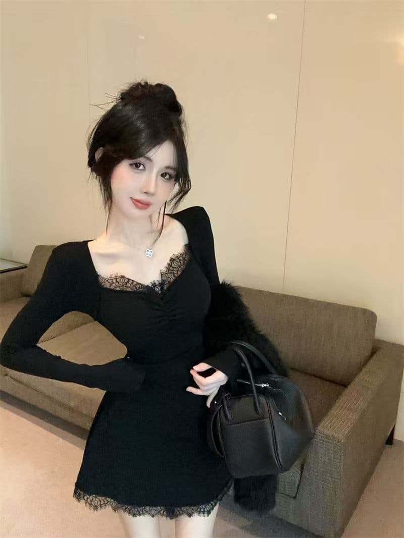 2026 패치워크 V넥 검정색 순수한 욕망 주름 섹시함 쇼트 스타일 레이스 레이스 핫걸 허리 수축 몸매 가꾸기 슬림해 보이는 레이스 상세 이미지 23