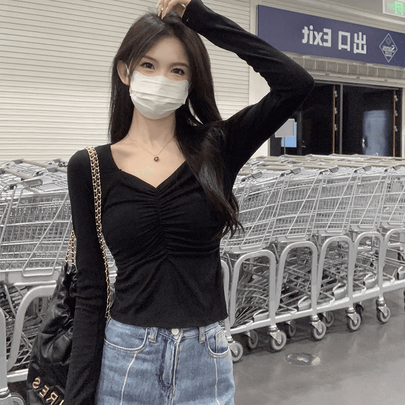 핫걸 쇼트 스타일 이슬 쇄골 긴팔 티셔츠 여성 가을 도파민 착용 가져 가라. 몸매 가꾸기 맨위 인사이드 가져 가라. 기본 셔츠 이미지 5