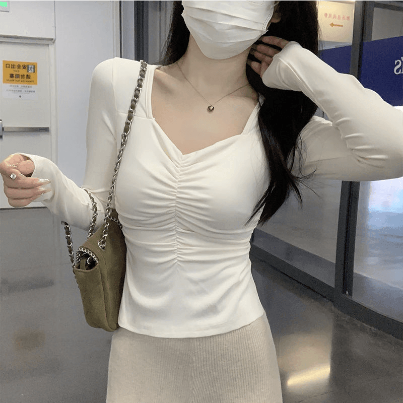 핫걸 쇼트 스타일 이슬 쇄골 긴팔 티셔츠 여성 가을 도파민 착용 가져 가라. 몸매 가꾸기 맨위 인사이드 가져 가라. 기본 셔츠
