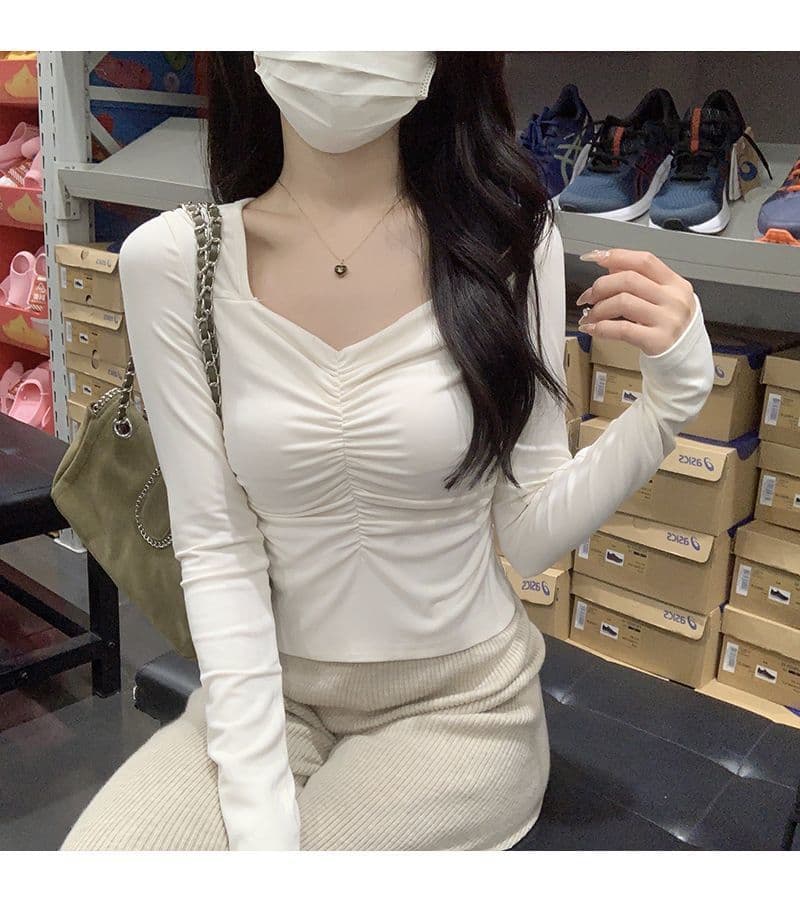 핫걸 쇼트 스타일 이슬 쇄골 긴팔 티셔츠 여성 가을 도파민 착용 가져 가라. 몸매 가꾸기 맨위 인사이드 가져 가라. 기본 셔츠 상세 이미지 7