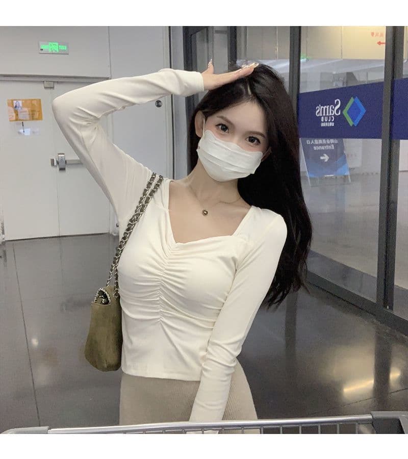 핫걸 쇼트 스타일 이슬 쇄골 긴팔 티셔츠 여성 가을 도파민 착용 가져 가라. 몸매 가꾸기 맨위 인사이드 가져 가라. 기본 셔츠 상세 이미지 8