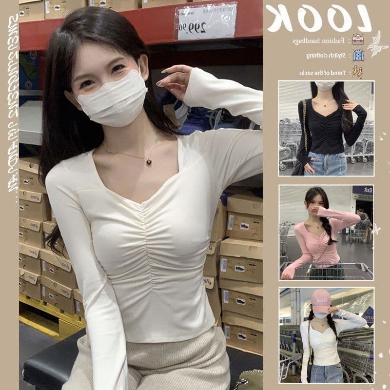핫걸 쇼트 스타일 이슬 쇄골 긴팔 티셔츠 여성 가을 도파민 착용 가져 가라. 몸매 가꾸기 맨위 인사이드 가져 가라. 기본 셔츠 상세 이미지 9