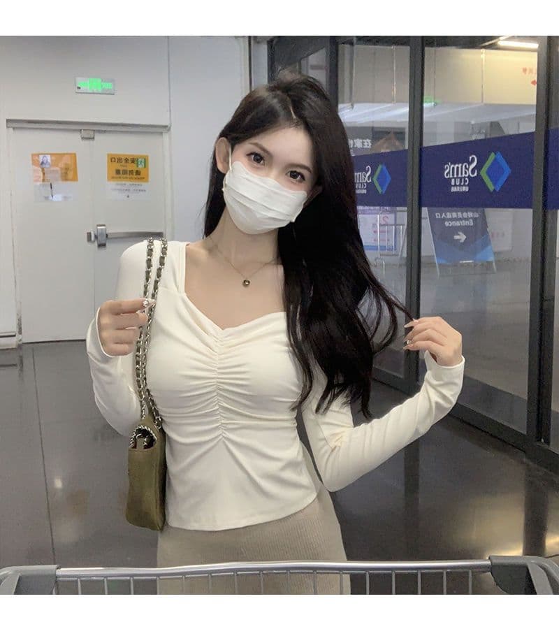 핫걸 쇼트 스타일 이슬 쇄골 긴팔 티셔츠 여성 가을 도파민 착용 가져 가라. 몸매 가꾸기 맨위 인사이드 가져 가라. 기본 셔츠 상세 이미지 11