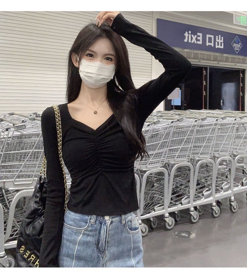 핫걸 쇼트 스타일 이슬 쇄골 긴팔 티셔츠 여성 가을 도파민 착용 가져 가라. 몸매 가꾸기 맨위 인사이드 가져 가라. 기본 셔츠 상세 이미지 12