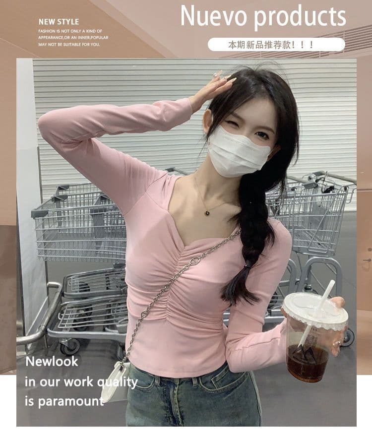 핫걸 쇼트 스타일 이슬 쇄골 긴팔 티셔츠 여성 가을 도파민 착용 가져 가라. 몸매 가꾸기 맨위 인사이드 가져 가라. 기본 셔츠 상세 이미지 14